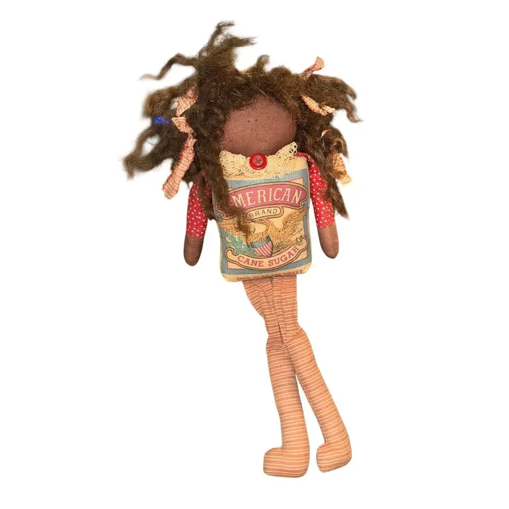 Vtg Primitive Folk Art Cloth Doll Hand Made Americana Cane Sugar Sack Long Legs